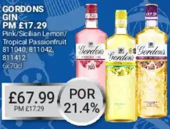 Bestway Gordons Gin Pink/Sicilian Lemon/Tropical Passionfruit 6x70cl offer