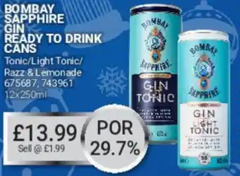 Bestway Bombay Sapphire Gin ready to drink cans Tonic/Light Tonic/Razz & Lemonade offer