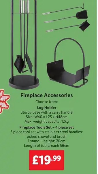 Lidl Fireplace Accessories: Log Holder size:W40xL25xH48cm, Fireplace Tools set-4 piece set offer
