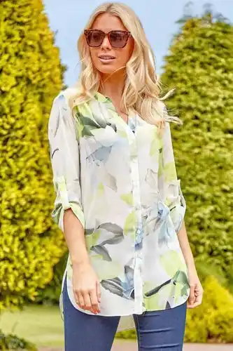 Roman floral print roll sleeve shirt in lime - size 10