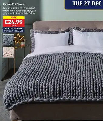 Aldi Chunky Knit throw 120x150cm available in light grey, dark grey or pink offer