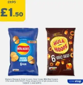 One Stop Walkers Cheese & Onions pPack, Hula Hoops BBQ Beef offer