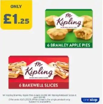 One Stop Mr Kipling 6 Bramley Apple Pies, Mr Kipling 6 Bakewell Slices offer
