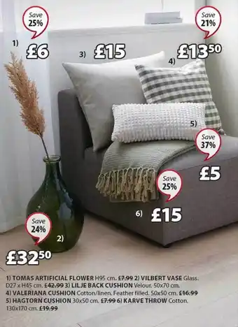 JYSK Tomas artificial flower, vilbert vase, lilje back cusion, valeriana cushion, hagtorn cushion, karve throw offer