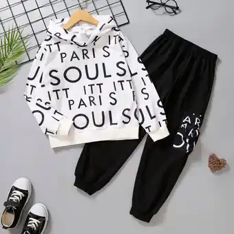 Patpat Patpat 2pcs kid boy letter print hooded sweatshirt and pocket design black pants set offer