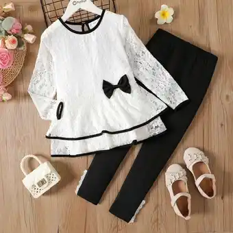 Patpat Patpat 2pcs kid girl bowknot lace design long-sleeve tee and black leggings set offer