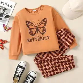 Patpat 2pcs kid girl butterfly letter print sweatshirt and houndstooth pants set