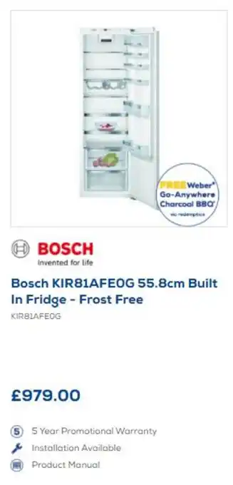Euronics Bosch KIR81AFEOG 55.8cm Built in Fridge - Frost Free offer