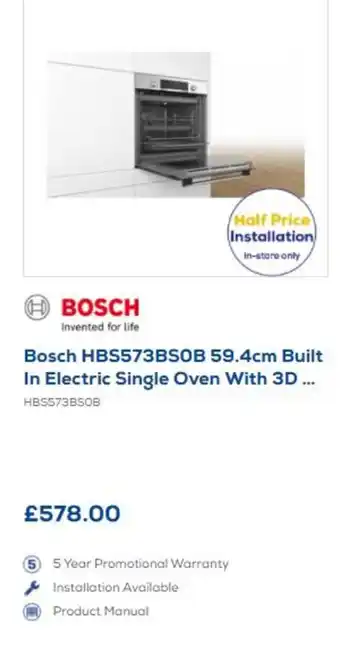 Euronics Bosch HBS573BSOB 59.4cm Built in Electric Single Oven with #D offer