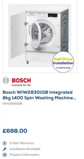 Euronics Bosch WIW28301GB Integrated 8kg 1400 Spin Washing Machine offer