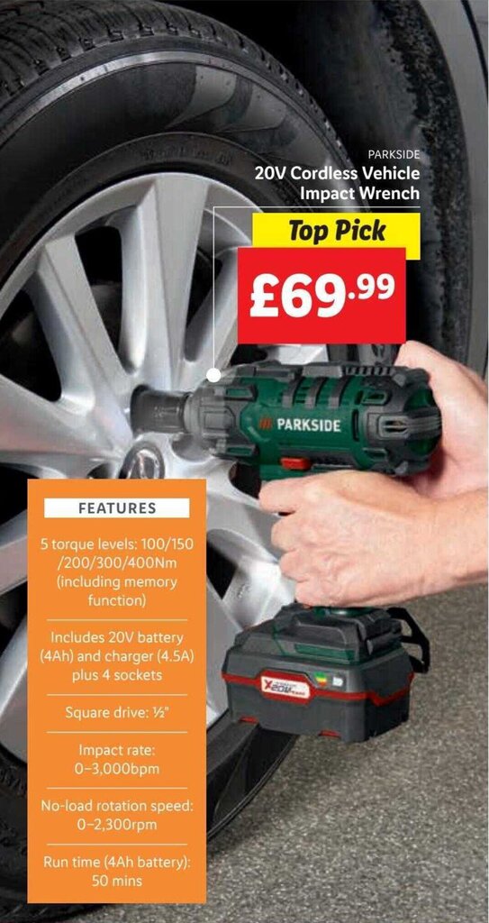 Parkside 20V Cordless Vehicle Impact Wrench offer at Lidl