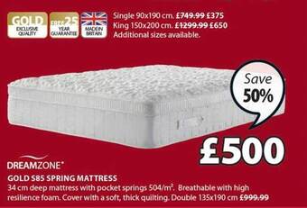 JYSK Dreamzone gold s85 spring mattress offer