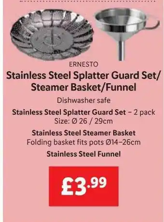 Lidl Ernesto stainless steel splatter guard set steamer basket funnel offer