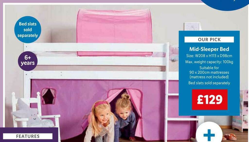 Lidl Mid-Sleeper Bed W208 X H113 X D98cm offer