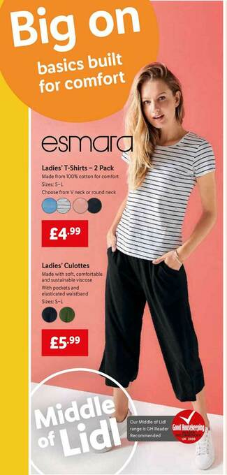 Lidl Esmara Ladies' T-Shirts - 2 Pack Or Ladies' Culottes offer