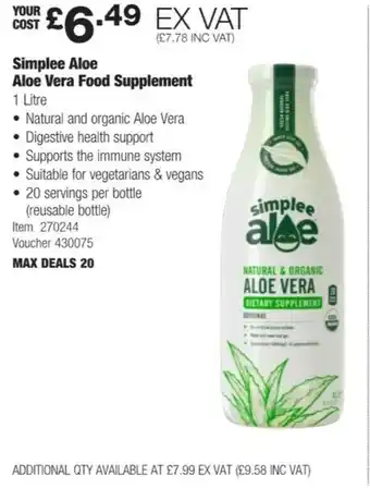 Costco Simplee Aloe Aloe Vera Food Supplement 1 Litre offer