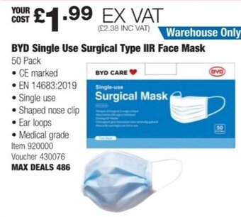 Costco BYD Single Use Surgical Type IIR Face Mask 50 Pack offer