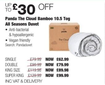 Costco Panda The Cloud Bamboo 10.5 Tog All Seasons Duvet offer