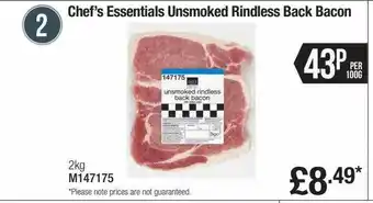 Booker Wholesale Chef's essentials unsmoked rindless back bacon offer