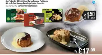 Booker Wholesale Chef's larder 12 individual syrup sponge puddings or sticky toffee sponge puddings or apple crumbles offer