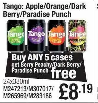 Booker Wholesale Tango: apple, orange, dark, berry or paradise punch offer