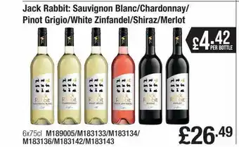 Booker Wholesale Jack rabbit: sauvignon blanc, chardonnay or pinot grigio or white zinfandel, shiraz, merlot offer