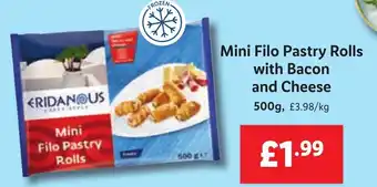 Lidl Mini Filo Pastry Rolls with Bacon and Cheese 500g offer