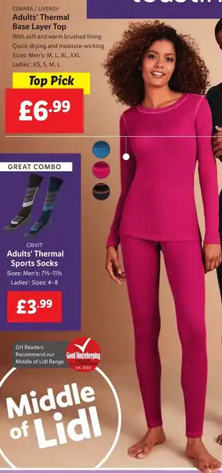 Lidl Esmara/Livergy Adult's Thermal Base Layer Top, Crivit Adult's Thermal Sports Socks offer