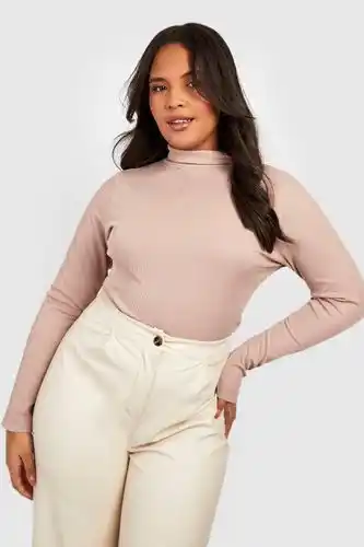 Boohoo Boohoo womens plus rib roll/polo neck top - beige - 18, beige offer