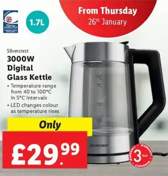Lidl Silver Crest 3000W Digital Glass Kettle offer
