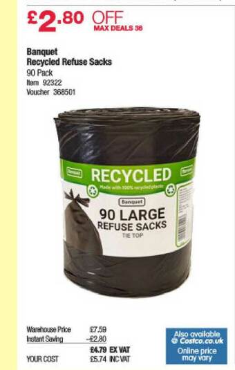 Costco Banquet Recycled Refuse Sacks offer