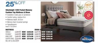 Costco Silentnight 1200 pocket memory cushion top mattress & divan offer