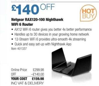 Costco Netgear rax120-100 nighthawk wifi 6 router offer