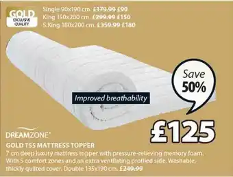 JYSK Dreamzone gold t55 mattress topper offer