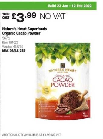 Costco Nature's heart superfoods organic cacao powder offer