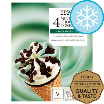 Tesco Tesco 4 mint & chocolate cones 440ml offer