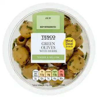 Tesco Tesco green olives with herbs 60g offer