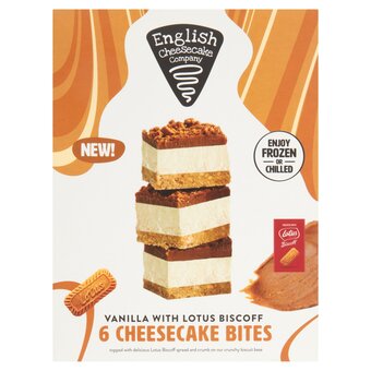 Tesco English cheesecake company ltd 6 vanilla with lotus cheesecake bite 225g offer