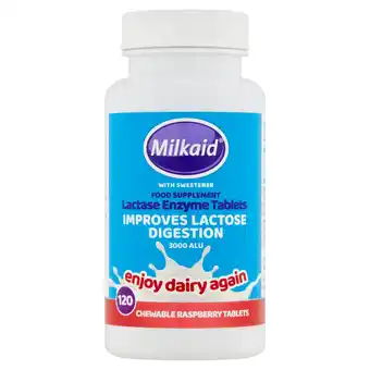 Tesco Milkaid 120 lactase enzyme raspberry tablets offer