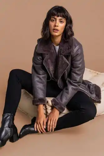 Roman faux fur lined zip detail aviator jacket in mink - size 20