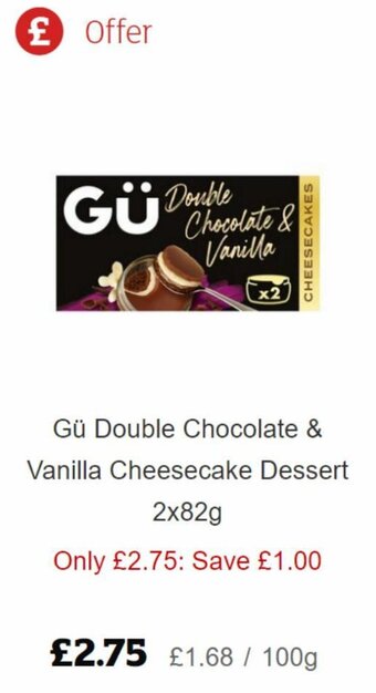 Sainsbury's Gu Double Chocolate & Vanilla Cheesecake Dessert 2x82g offer