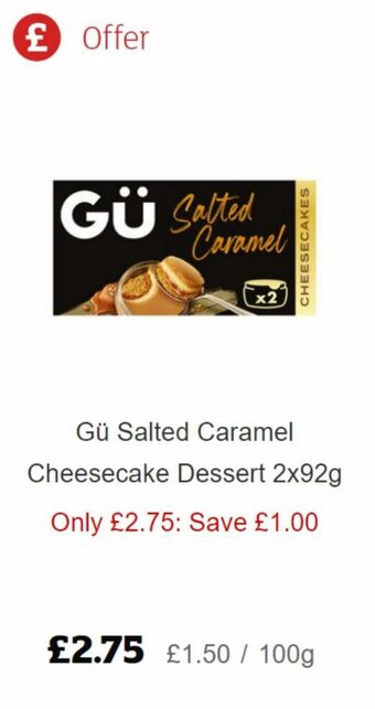 Sainsbury's Gu Salted Caramel Cheesecake Dessert 2x92g offer