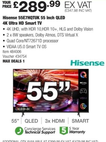 Costco Hisense 55E7HQTUK 55 Inch QLED 4K Ultra HD Smart TV offer