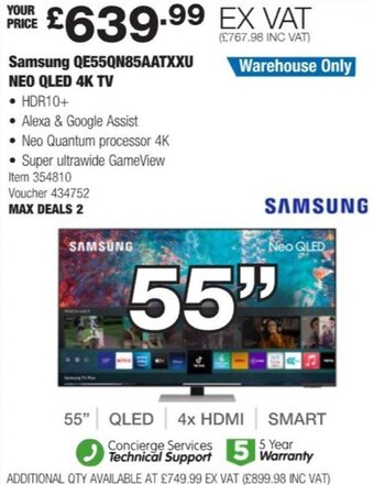 Costco Samsung QE55QN85AATXXU NEO QLED 4K TV offer