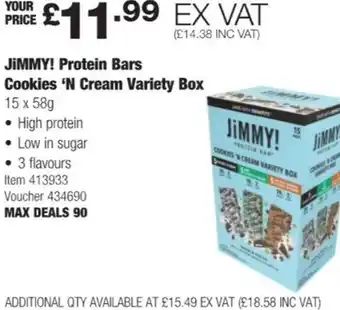 Costco Jimmy! Protein Bars Cookies 'N Cream Variety Box 15 x 58 g offer