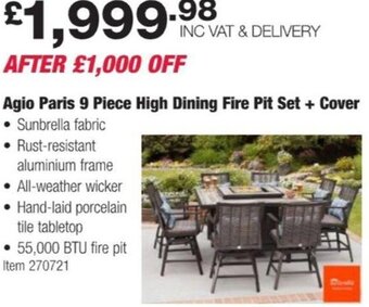 Costco Agio Paris 9 Piece High Dining Fire Pit Set + Cover offer