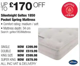 Costco Silentnight Geltex 1850 Pocket Spring Mattress Double offer