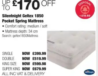 Costco Silentnight Geltex 1850 Pocket Spring Mattress king Size offer