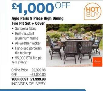 Costco Agio paris 9 piece high dining fire pit set + cover offer