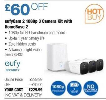 Costco Eufycam 2 1080p 3 camera kit with homebase 2 offer